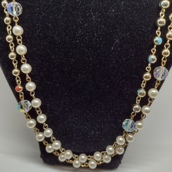 Pearls,  AB Beads, Gold Beads With Pink and Blue, Goldtone Connection Chain - Picture 3 of 6